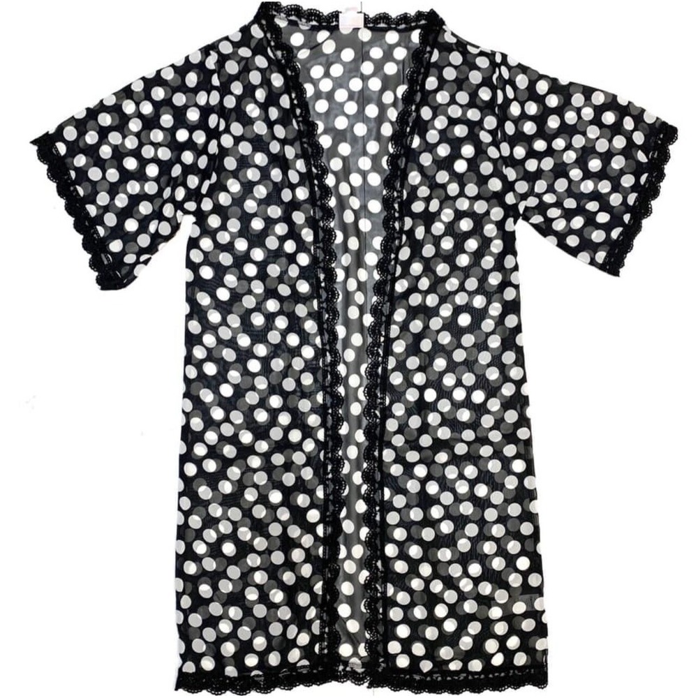 Medium Lularoe Chloe Black white polka dots Lace Trim Kimono/Cover Up fits 10/16